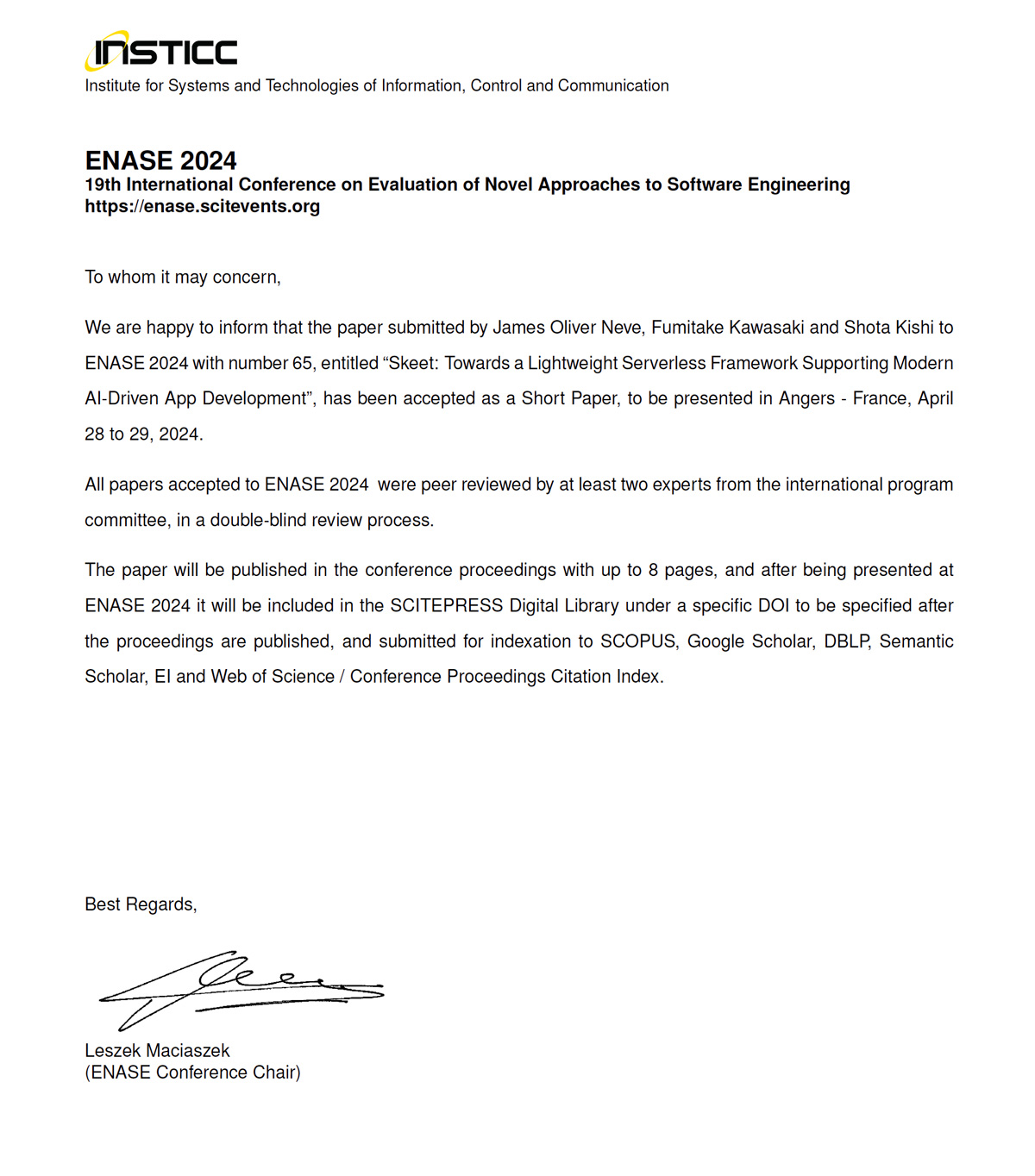 Enase 2024 Acceptance Letter